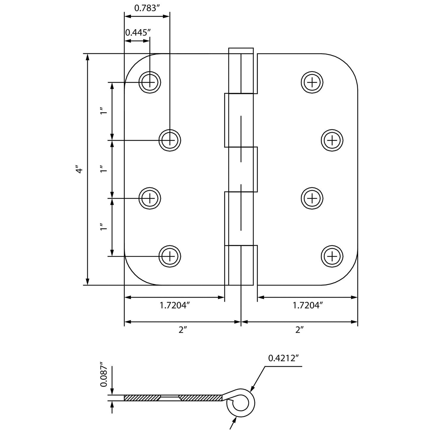4" Door Hinges, 5/8" Radius Corner