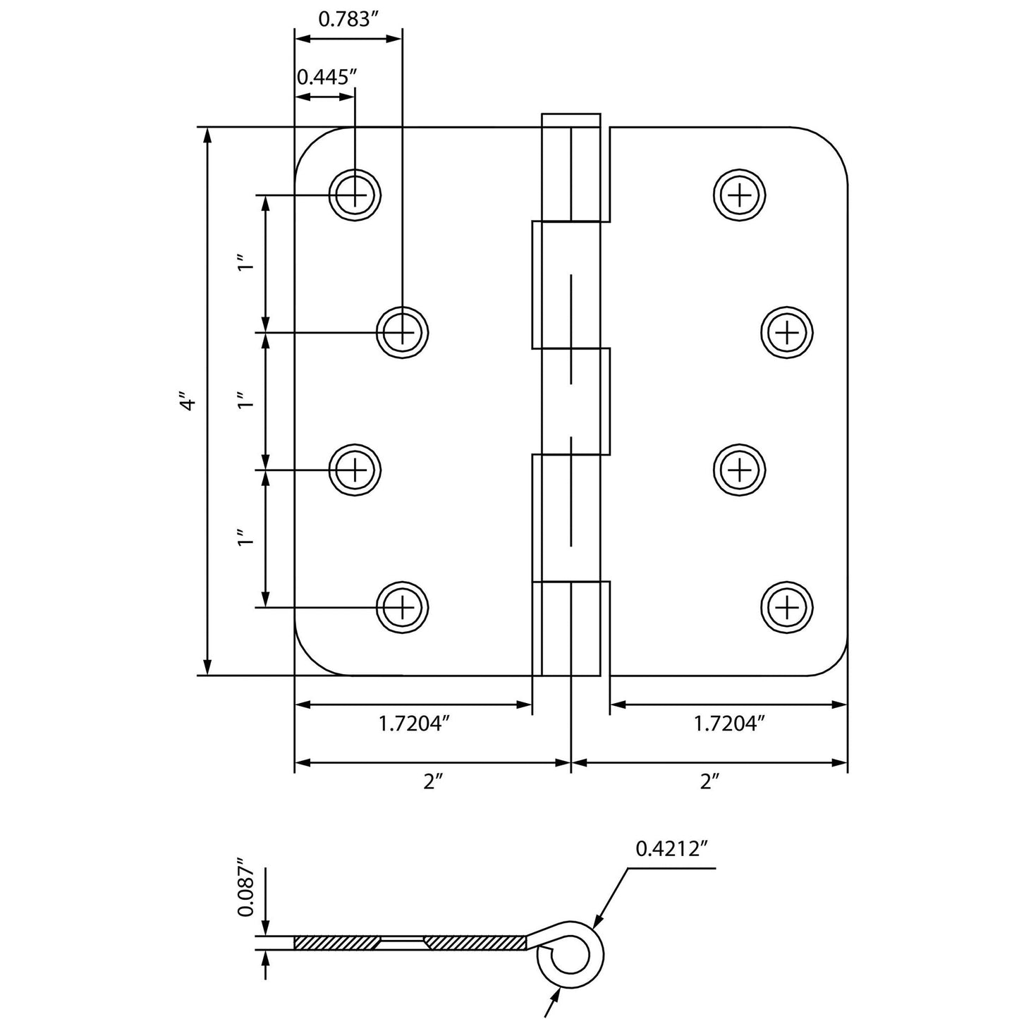 4" Door Hinges, 1/4" Radius Corner