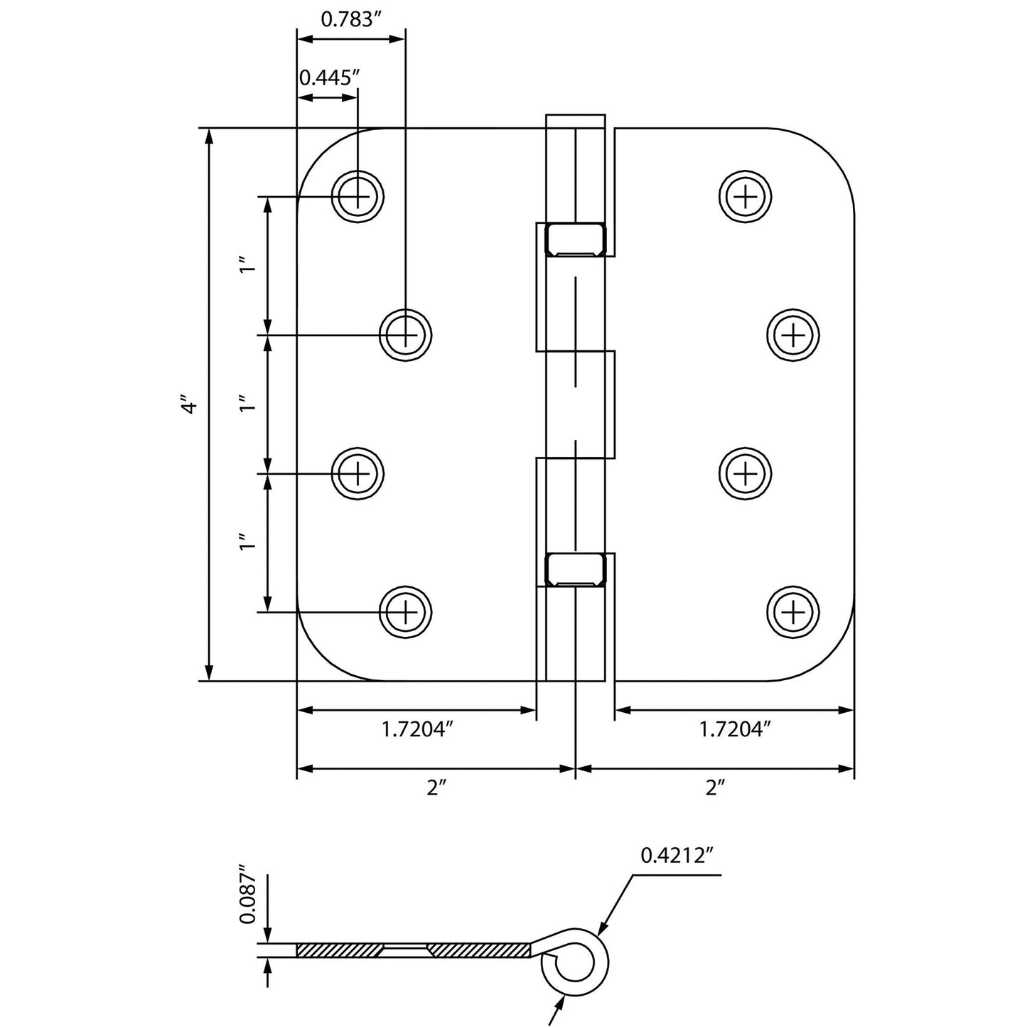 4" Ball-Bearing Door Hinges, 5/8" Radius Corner