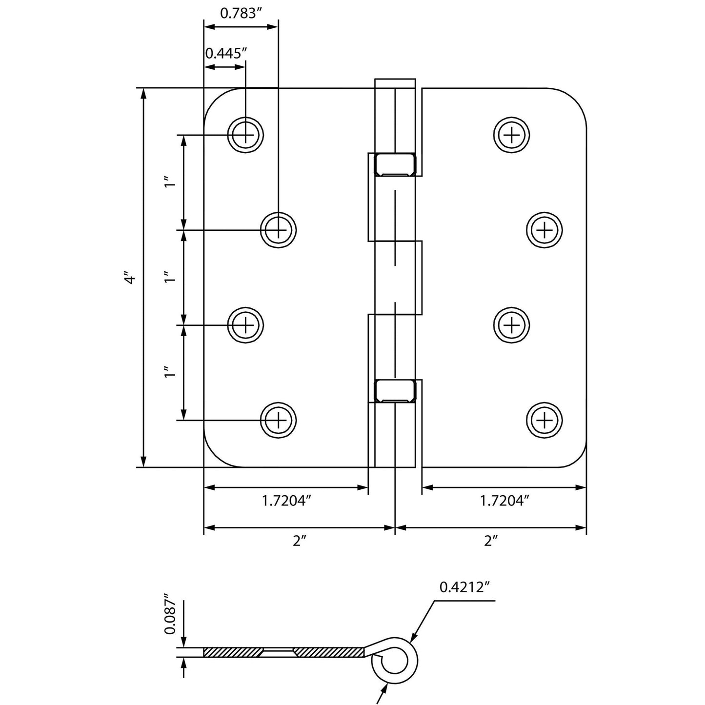 4" Ball-Bearing Door Hinges, 1/4" Radius Corner