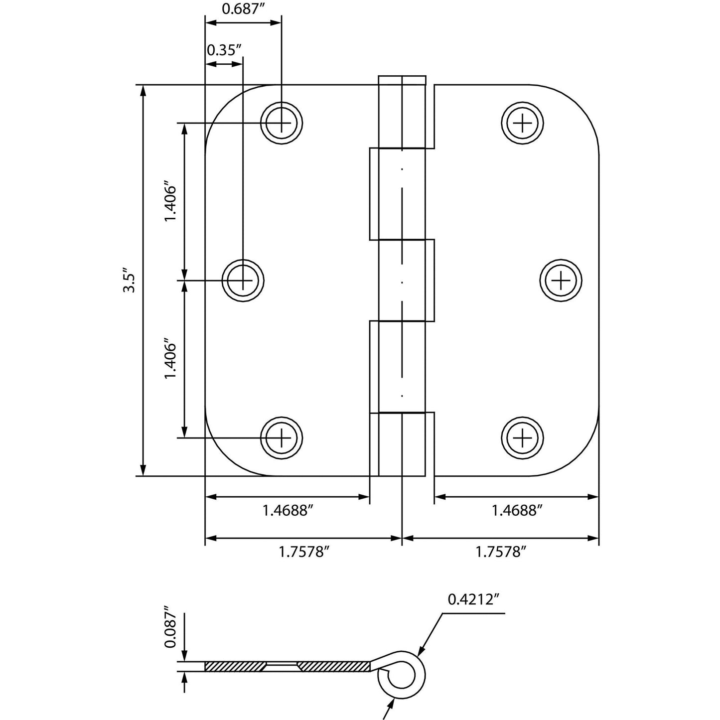 3-1/2" Door Hinges, 5/8" Radius Corner